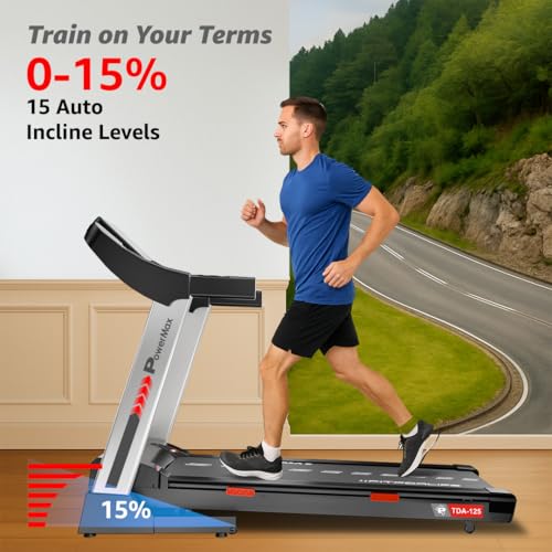 Image of PowerMax Fitness TDA-125 5.0HP DC Motorized Treadmill with Auto Incline, Max User 130kg, Running Deck 1300x460mm Vertically Foldable Machine, Top Speed 18km /hr, LED Display, ipad & Mobile Holder