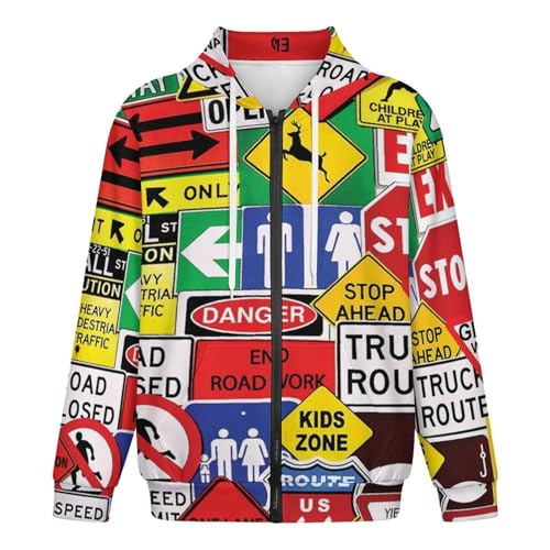 Road Traffic Sign Men's Hoodie Full-zip Hooded Sweatshirt Zip-up Pockets Jackets4