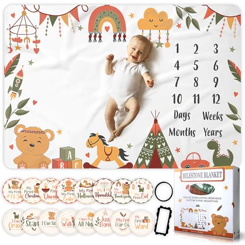 Image of OSTANDRAFFE Baby Monthly Milestone Blanket Boy Girl Neutral, First 12 Months Growth Chart, Newborn Essentials, Large Size 60" x 40", Soft Fleece Photo Blanket