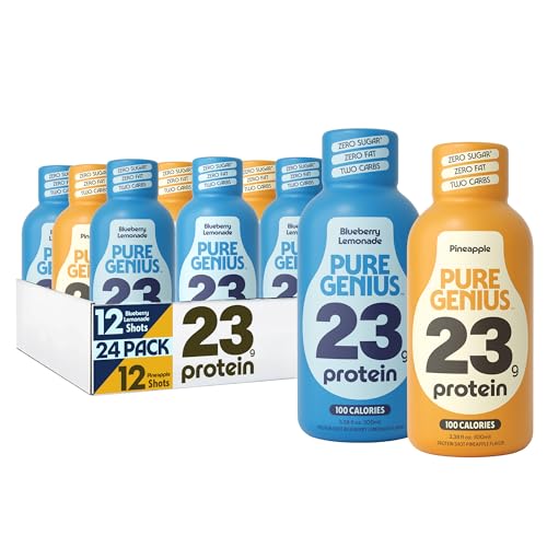Pure Genius 23g Protein Shot Drink | 100 Calories No Sugar No Fat Whey & Collagen Gluten Free Keto Friendly No Artificial Flavors TSA Size 3.38 Fl Oz Pineapple & Blueberry Lemonade (24 Pack)