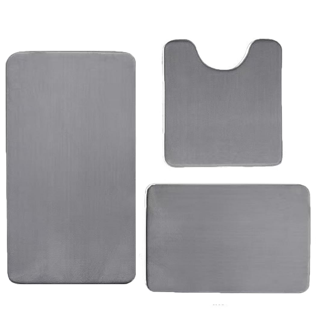 Memory Foam Bath Mat Set 3 Piece Bathroom Contour Rugs Combo, Soft Shaggy 2 Piece Bath Shower Mat and U-Shaped Toilet Floor Rug Grey