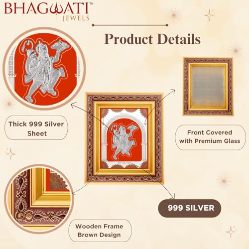 Image of 999 Pure Silver Hanumanji Frame | Divine Home Decor | Wall Mount Square Photo for Gift, Wooden PhotoFrame SilverGift Items Temple & OfficeDecor | hangingframe (10.50 inch x 9 inch Inch)