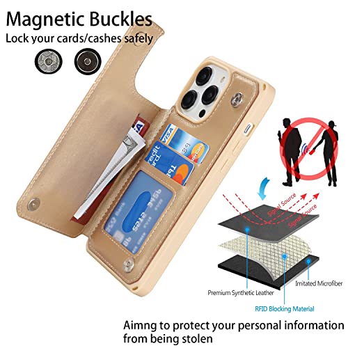 Image of Cavor for iPhone 14 Pro Wallet Case with Card Holder for Women Men,Phone Case for iPhone 14 pro with Stand Credit Card Holder, Leather Strap Shockproof Cover- Golden
