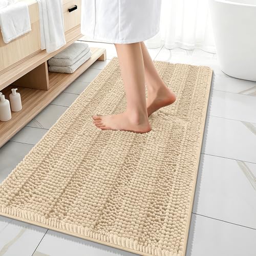 Image of OLANLY Thick Bathroom Runner Rugs 47x20, Extra Absorbent Chenille Striped Bath Rugs, Rubber Backing, Machine Wash Dry, Long Bath Mats for Bathroom Floor, Tub and Shower, Home Decor Accessories, Beige