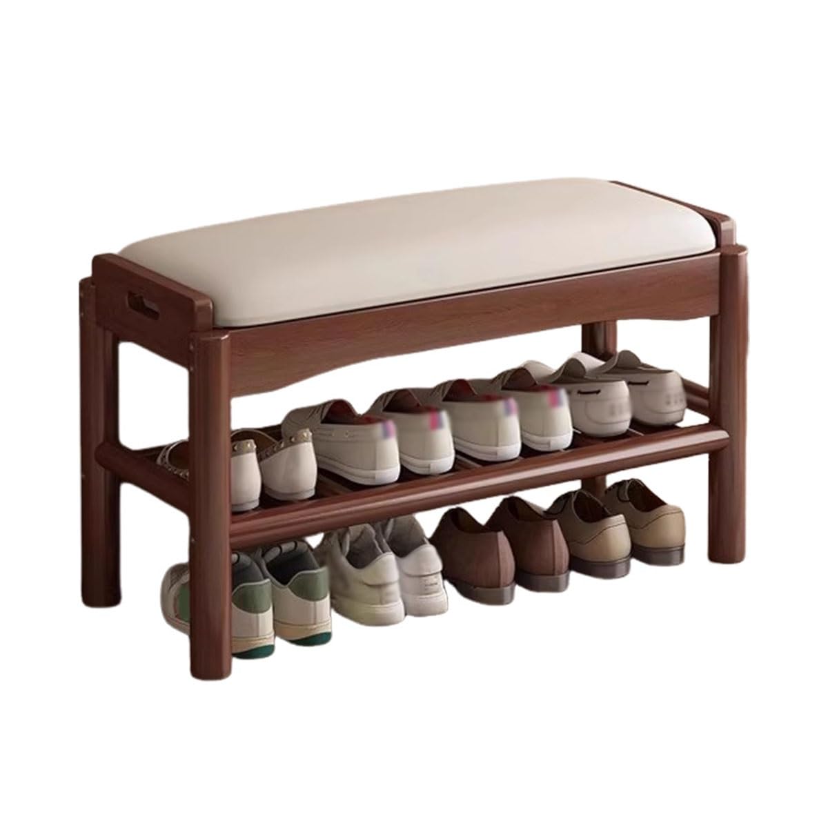 Banc à chaussures en cuir marron 60cm avec rangement à 2 niveaux pour entrée