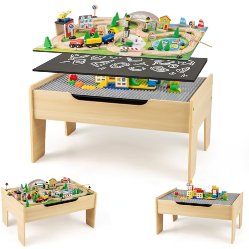 COSTWAY 5 en 1 78 PCS Table Circuit de Train en Bois avec Plateau Réversible & Tableau Noir, Table Enfants avec Canne à Pêche Magnétique & Figurines &...