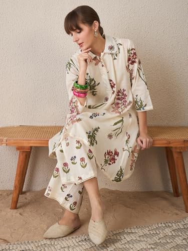 Image of INDO ERA Women's Pure Cotton Embroidered Straight Kurta & Palazzo Set | cotton kurta sets for women