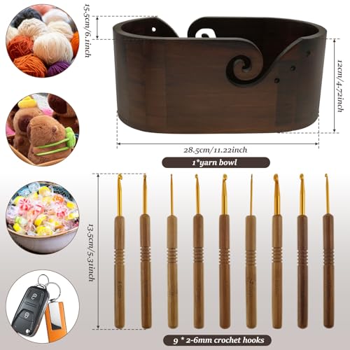 Image of Wooden Yarn Bowl, Yarn Bowls for Crocheting, Large Crochet Yarn Holder w 9pcs Knitting Hooks, Oval Wood Knitting Bowl, Yarn Storage Crochet Bowl for Crocheting and Knitting Lovers 11.2x6x4.7inch