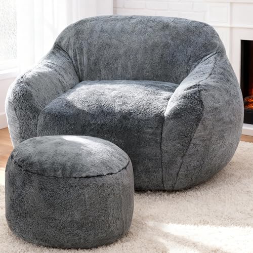 Image of Homguava Giant Bean Bag Chairs for Adults,Large Bean Bag Couch with Ottoman | Big Beanbag Chair with Memory Foam Filled,Oversized Bean Bag Sofa,Faux Fur Floor Sofa Chair for Bedroom Living Room-Grey