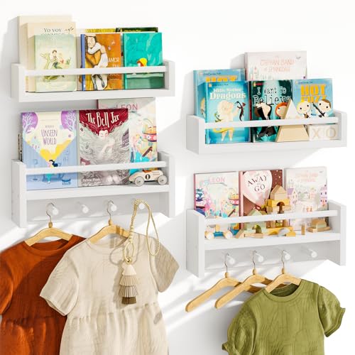 Image of Fixwal Nursery Book Shelves, Set of 4, 16.5 Inch Floating Wall Bookshelves for Kids Room, Solid Wood Shelves with Wooden Hooks for Books, Toys and Decor Storage (White)
