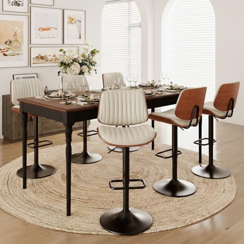 Image of MALOL Bar Stools Set of 6, Adjustable Counter Height Bar Chairs 26 inch-34.5 inch with Swivel & Footrest, Modern Faux Leather Barstools for Kitchen Island, Dining Room,Pub,Beige