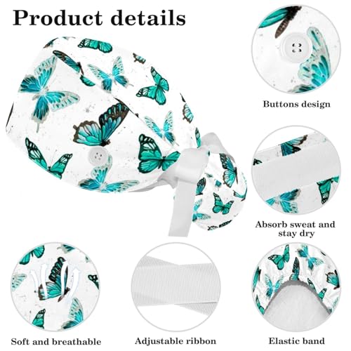 Image of Butterfly Scrub Cap Women with Ponytail & Buttons Adjustable Surgical Nurse Hat with Cotton Sweatband for Long Hair