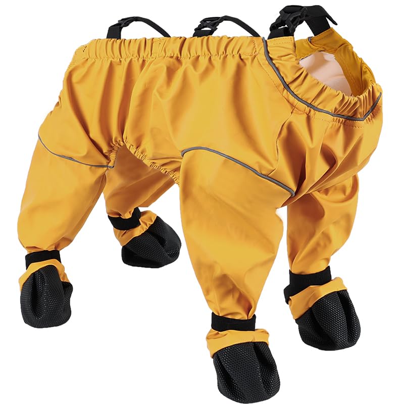 Dog Waterproof Anti Dirty Non-Slip Four Leg Pants Boots with Suspenders Reflective,Adjustable Dog Paw Abdominal Protection Cover Outdoor Walking Hiking Bootie for Small Medium Dogs_M(Yellow) - Image 3