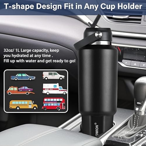 Image of HYDROWION 32 oz Insulated Water Bottle, Car Water Bottle Holder - Double Wall Vacuum Insulated Travel Bottle with Straw Lid, Spout Lid and Flex Cap - Cold for 24H, Hot for 12H, Black