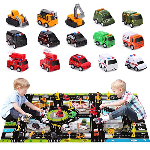 Vehicles Toys Set Pull Back Cars for Toddler ,Toy Cars for Boys Include Construction Vehicles, Fire Vehicles, etc.10 Road Signs 4 Dolls,Car Toys for Toddlers 3+ Years Old.