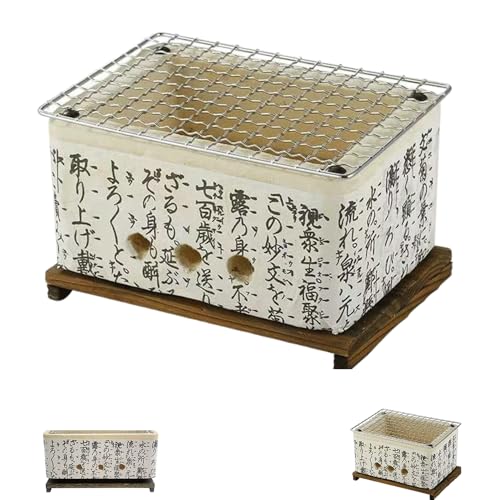 EHHE日本製 七輪 卓上型 ミニ火鉢 コンパクトデザイン 焼き鳥焼き器 無煙ロースター 屋外 バーベキューグリル 角型 高効率炭火ストーブ (中サイズ長方形)