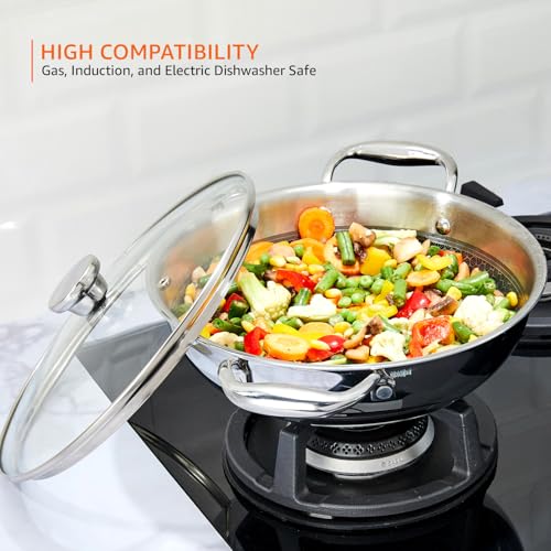 Amazon Basics Non-Stick Honeycomb Triply Stainless Steel Kadhai with Glass Lid, 24 cm - 2.7L, Fast & Even Heating, Induction & Gas Compatible - Image 7
