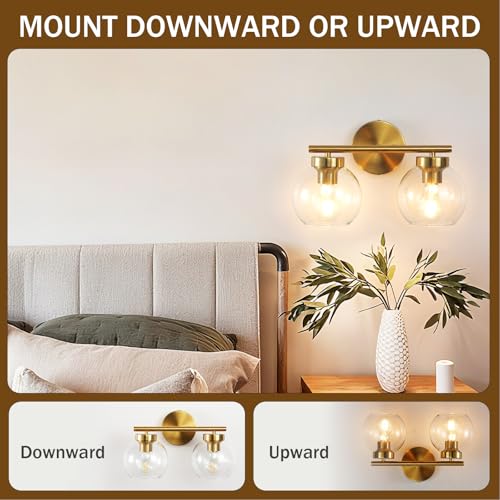 Image of Gold Vanity Light, 2 Light Bathroom Vanity Light with Clear Globe Glass Shades, Modern Bathroom Light Fixture Over Mirror, Brass Wall Sconce Light for Bedroom Restroom, E26 Socket