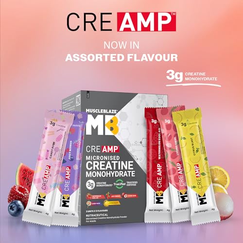 Image of MuscleBlaze Micronised Creatine Monohydrate CreAMP Powder Assorted Flavours (15 Sachets, 4g Each) - Citrus Blast, Watermelon Kool Aid, Juicy Berries, Candy Rush & Lychee Swirl | Travel Pack | Trustified Certified Creatine