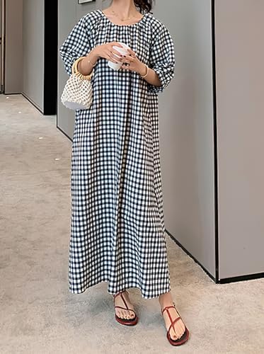 chouyatou Women's Casual Gingham Loose-Fit Swing Dress Cotton Lantern Puff Sleeve Plaid Midi Long Dress2