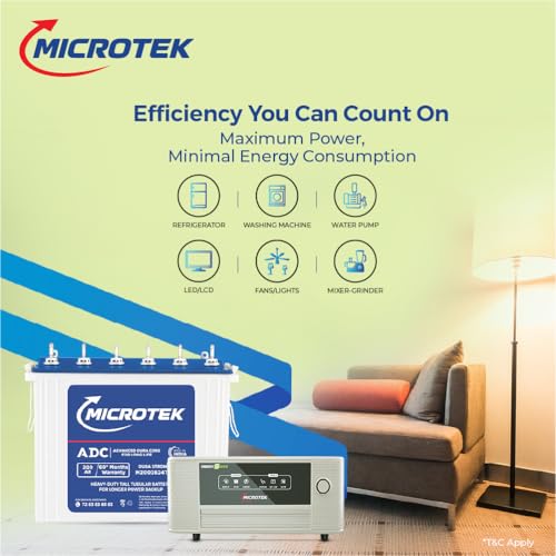 Image of Microtek Inverter with Battery Combo for Home, Office & Shops | Energy Saver New 1225 12V Pure Sine Wave 1100VA + M2003624TT 200Ah Inverter Battery | Warranty: 3Years(Inverter)&5Years(Battery)