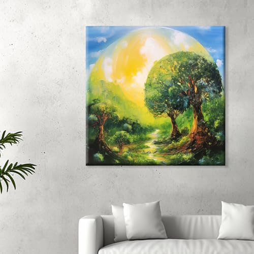 Image of EXSHA Vibrant Fantasy Forest Canvas Wall Painting with Radiant Sun & Lush Green Trees|Serene Nature Landscape Art for Living Room, Bedroom, Office Decor|Nature Painting for Wall Decoration|24x24 Inch