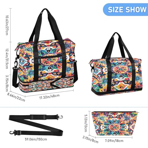 Geometric Flowers Pattern Gym Bag for Women Sport Travel Duffel Bag Shoulder Weekender Overnight Bags with Wet Pocket & Shoe Compartment3