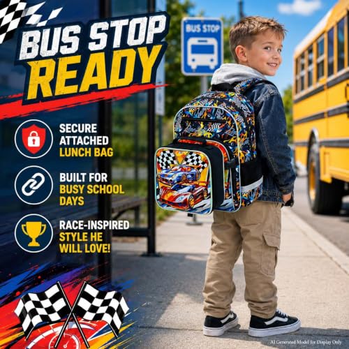 Image of HPJGD 3PCS Bookbag for Boys, 16 inch Race Car Preschool Backpack Set with Clip-On Lunch Box, Kids Water-Resistant School Bag for Elementary - Thrill Racing