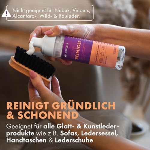Lavandola Lederreiniger - SCHONEND & EFFEKTIV - Reinigungsschaum für Glatt- & Kunstleder, gegen hartnäckigste Verschmutzungen - Lederreinigung Couch, Reinigungsmittel Ledersofa Leder Reiniger 200ml