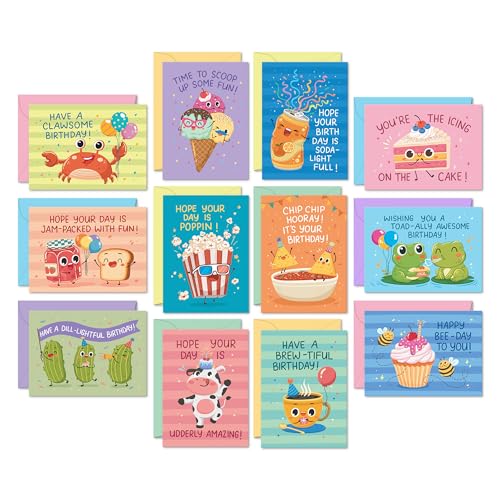 Sweetzer & Orange Funny Birthday Cards Bulk Set 24 Punny Cards (12 Designs 2 Each) with 24 Colorful Envelopes & Storage Box Funny Messages Cute Birthday Cards for Kids Adults Friends & Family