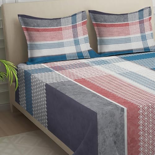 Image of Signature Digital Print Geometric Designs Super King Size Bedsheet - 108 x 108 inches | 100% Cotton-Feel Soft Fabric | Fade-Resistant Colors | 2 Matching Pillow Covers (Weave Stripes)