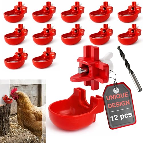 Heavy Duty 12-Pack with Cups Chicken Water Nipples Automatic Chicken Waterer Nipple Horizontal Leak Proof Stable for Poultry Coop Quail Chicks Turkeys Peacocks and Fits 5-Gallon Bucket PVC Pipes