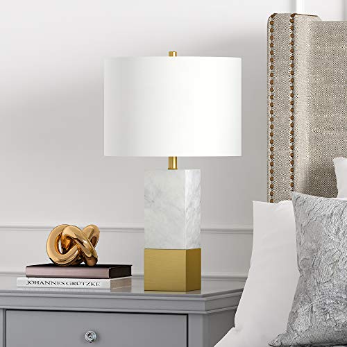 Henn&Hart Transitional Cararra-Style Marble Table Lamp with Fabric Shade in Marble and Brass Henn&Hart Transitional Cararra-Style Marble Table Lamp with Fabric Shade in Marble and Brass