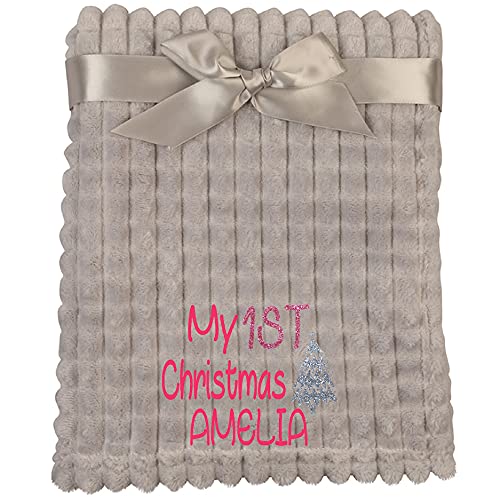 Alwaystrusted Personalised Gift Grey Baby Jacquard Blanket - Squares Pink My 1st Christmas Glitter Girl AT-SB40-24-M