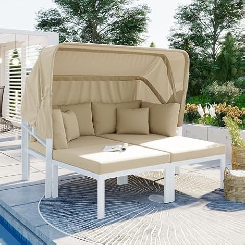 Voykuy Patio Daybed Chaise Lounge Outdoor - Metal Frame Patio Sunbed with Retractable Canopy, Outdoor Comfy Sunbed, Cushions and Pillows for Garden, Backyard, Porch, Pool (Beige) Cover