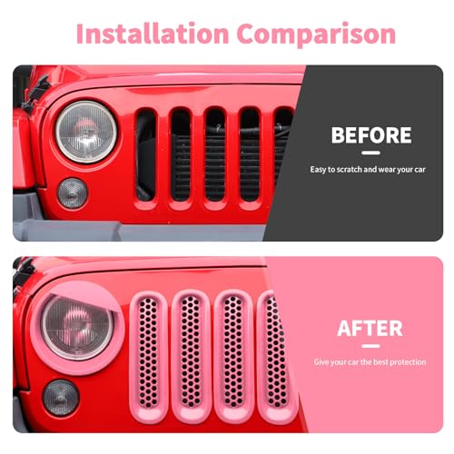 Image of Mesh Grille Grill Insert+Headlight Turn Light Cover Trim Fit for 2007-2018 Jeep Wrangler JK JKU(Pink,Style A)