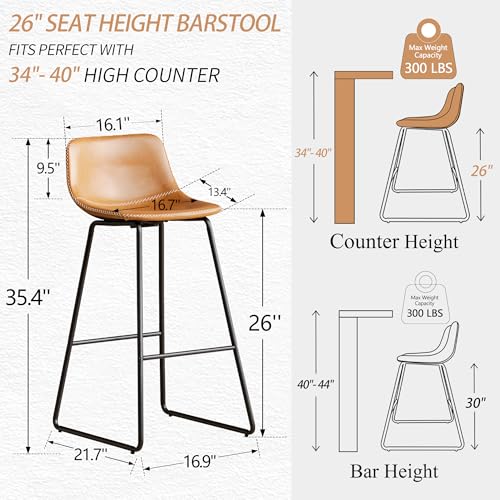 Image of HeuGah Whiskey Brown Bar Stools Set of 3, 26 Inch Counter Height Stools with Back for Kitchen Island, Faux Leather Upholstery, Metal Base