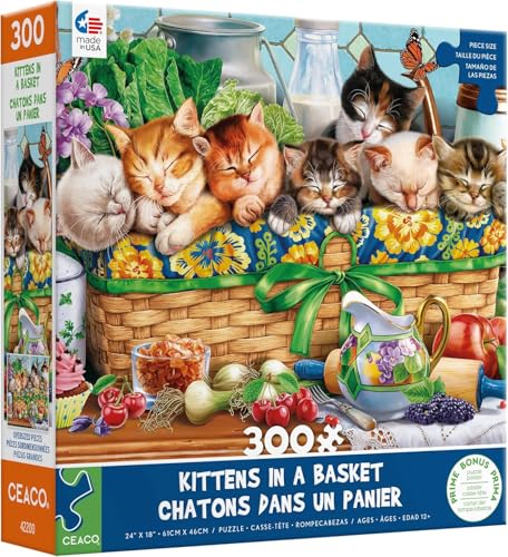 Rompecabezas Ceaco - Gatitos en una Cesta - 300 piezas para adultos | Arte de Image World, fabricado en EE.UU., piezas grandes y fáciles, tamaño final 24 x 18 pulgadas, incluye póster, enmarcable y apto como regalo