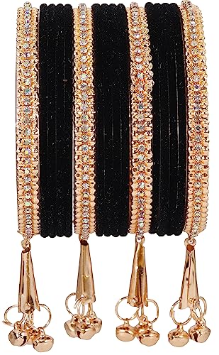 Image of NMII Metal with Zircon Gemstone and Velvet Studded Bells Latkan Bangles Set For Girls and Women I Latkan Bangles, Premium Bangle Bracelet Set I Pack of 16 Bangles