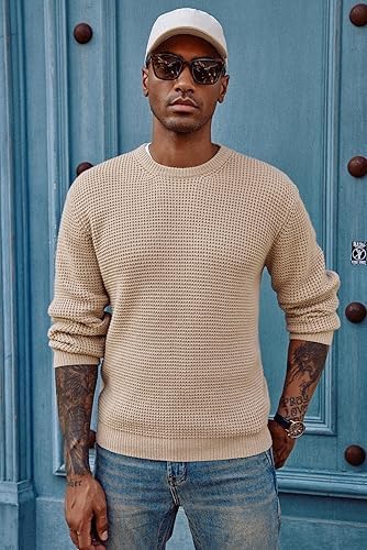 Image of ColorChakra Waffle Knit Mens Sweater Woolen Round Neck Wool Pullover