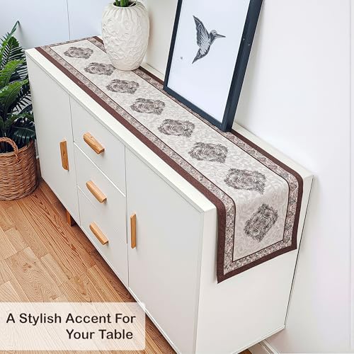 Image of Heart Home Velvet 13x72 Inch Heavy Table Runner for Home Decor | 6 Seater Dining Table Place Mat Elegant Soft Feel /Machine Washable | Juliet 1186 - Cream & Brown