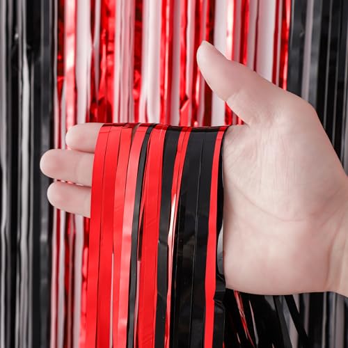Image of Voircoloria 2 Pack Red and Black Tinsel Foil Fringe Curtains, Red and Black Party Decorations, Metallic Tinsel Party Streamers Backdrop for Halloween Birthday Red Carpet New Years Party Decorations