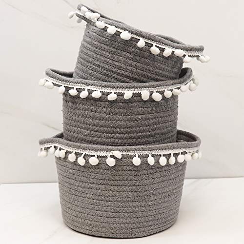 Miniatura 4 de Cesta mediana de 7.9in de diámetro de algodón natural, cesta de almacenamiento de tejido gris y blanco, cubo de juguetes pequeño, cesta de lino,