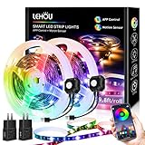 LEHOU LED Strip Lights, Motion Sensor LED Light Strip with App Control, 4 Timing Off Modes, 5V Plug-in RGB LED Night Light for Bed, Stair, Under Cabinet, Room Decor, 2 Set 9.84ft Under Bed Lights