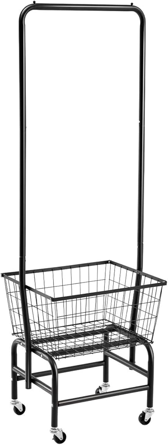 ALIMORDEN Laundry Cart with Clothes Rack, Rolling Laundry Butler with Wire Storage Rack,Black