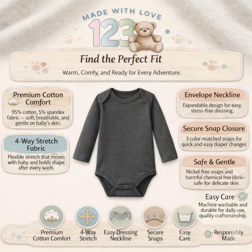 Image of 123 Bear Baby 3-Pack Soft Cotton Spandex bodysuits
