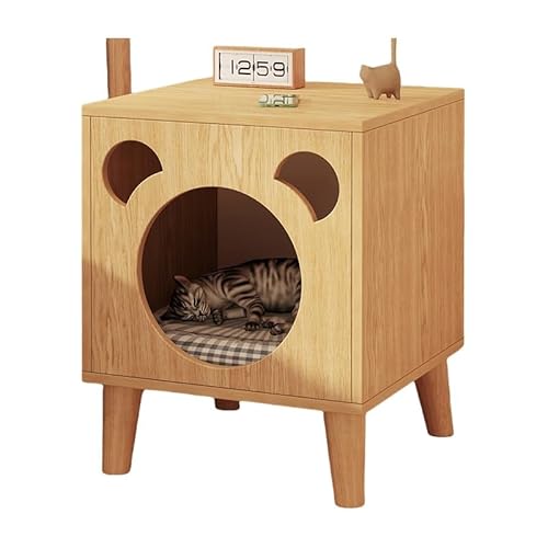 Vollebo猫 ハウス キャットハウス 猫ベッド 木製 通気性の良い 耐久性 広い空間 安心安全 猫家具 組み立て簡単 ベッドサイドキャビネット型猫小屋 ナチュラル 木目調 (A,40*40*50cm)