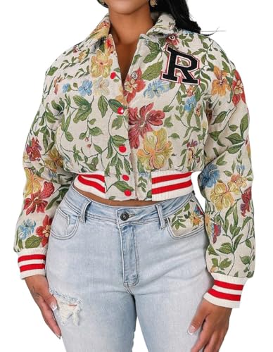 Women's Cropped Floral Print Bomber Jacket Casual Button Down Coats Outerwears