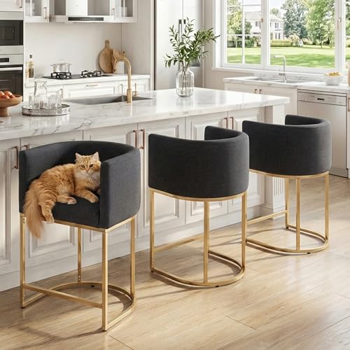 Image of HNY Charcoal Modern Barrel Counter Height Clearance Bar Stools Set of 3, 24 Inch Linen Kitchen Barstools with Back for Island, with Gold Metal Tubular Frame