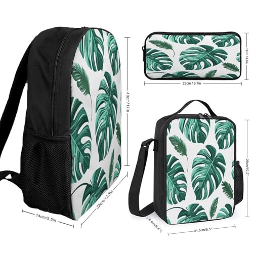 Printed Backpack With Lunch Pack Storage Box Case Cyan Palm Leaves 3pcs Lightweight Travel Backpack2